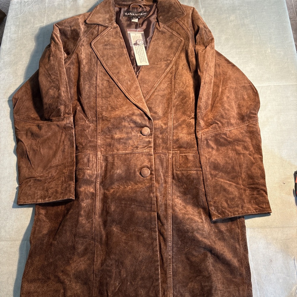 Savannah Brown Suede Leather Trench Coat Mid Length Jacket 02-1903-0 Mens Medium